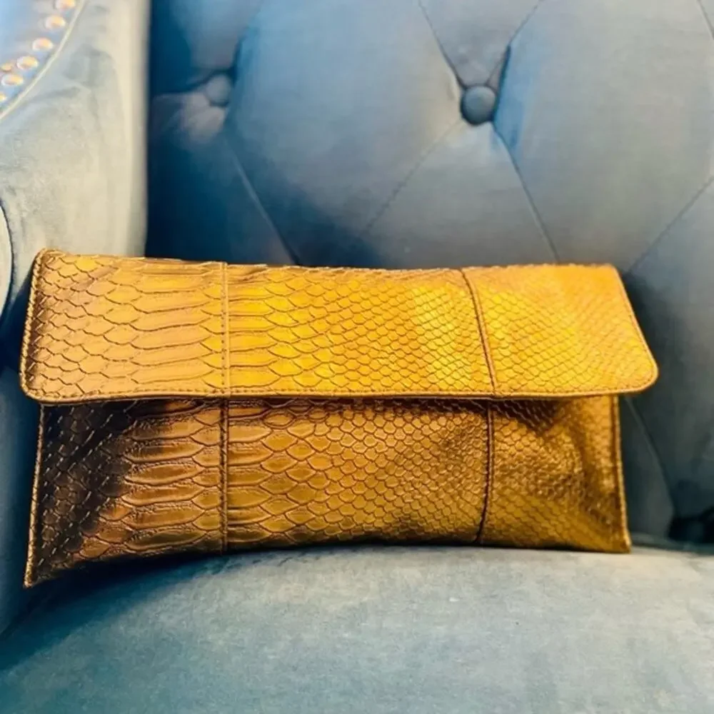 Jessica McClintock Gold Faux Crocodile Clutch Shoulder Bag